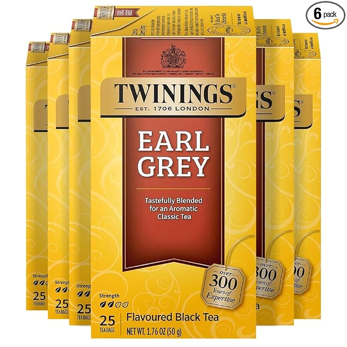Twinings Earl Grey Black Tea Individually Wrapped Bags, 25 Count (Pack of 6), Flavoured with Citrus and Bergamot, Caffeinated, Enjoy Hot or Iced, 150 Teabags