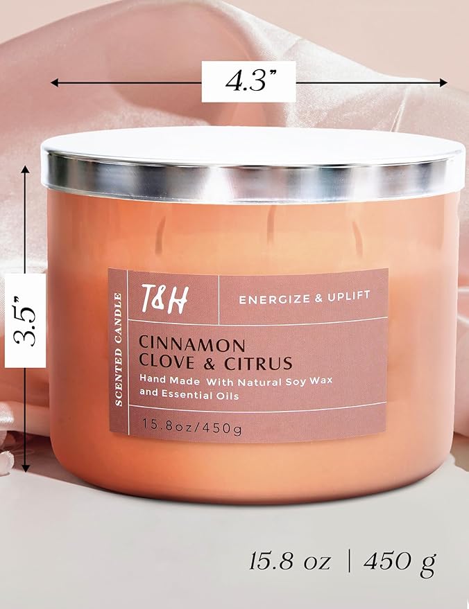 Cinnamon Clove & Citrus 3-Wick Soy Scented Candle, 15.8 oz Large Jar, Spiced Orange Clove Aromatherapy Candle, Winter Home Fragrance, Long Lasting, Clean Burning