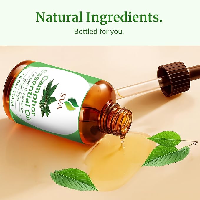 SVA Camphor Essential Oil – 4 Fl Oz – 100% Natural Camphor Oil - for Diffuser, Hair Care, Face, Skin Care, Aromatherapy, Scalp and Body Massage, Soap and Candle Making – with Dropper