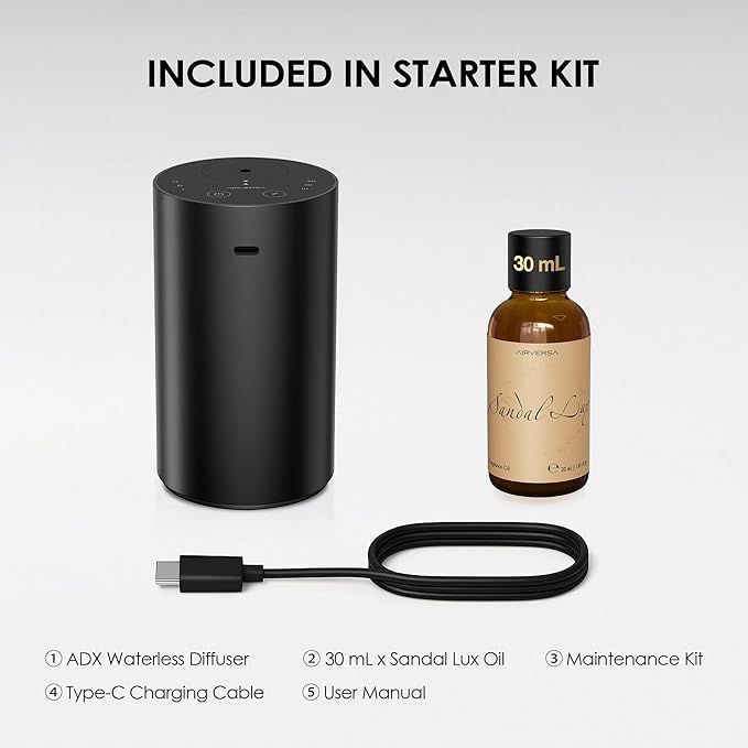 Airversa Waterless Essential Oil Diffuser Starter Kit with 30mL Sandal Lux Fragrance Oil for Car Home Office,Premium Aluminum Housing, Up to 600 sq ft, Aroma Nebulizer Baterry Operated, ADX Kit Black