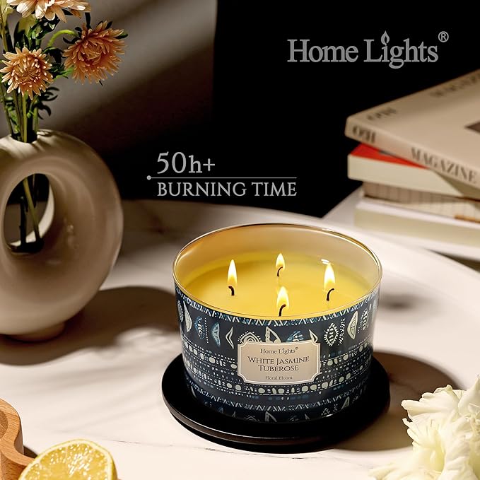 HomeLights Scented Candles for Women & Men, 18oz Candle Jars Aromatherapy 4-Wick Candle, Ideal for Bohemian Natural Textures Home Decor and Gifts, White Jasmine Tuberose
