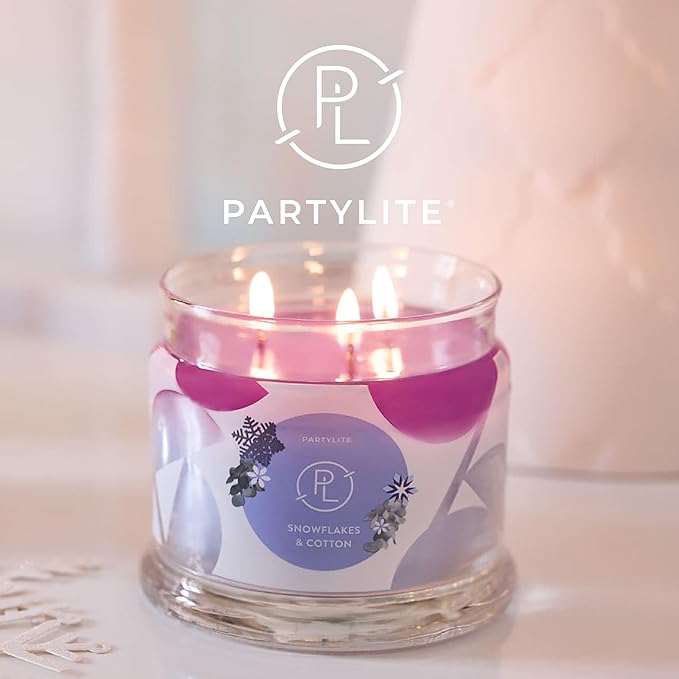PartyLite 3-Wick Jar Candle, Highly Fragranced Clean Burning Glass Candle, 25-45 Hours Burn Time (Snowflakes & Cotton)