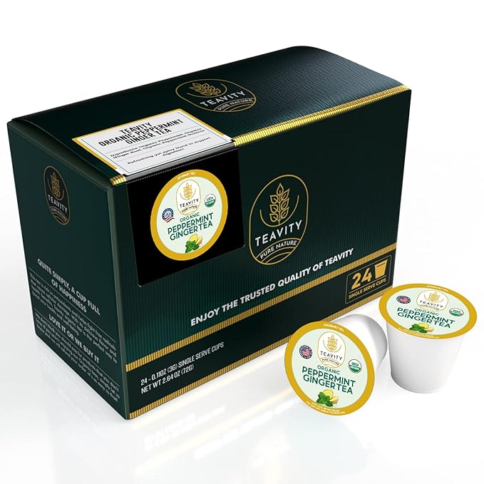 Teavity Organic Peppermint Ginger Tea Pods for Keurig - Decaf, 24 Count