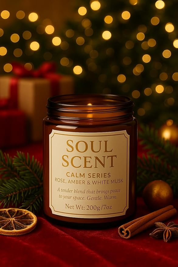 Soul Scent Calm Aromatherapy Candle – Rose, Amber & Musk | Natural Soy Wax, Clean Burn | Minimalist Jar with Silver Lid | Eco Gift for Home & Office