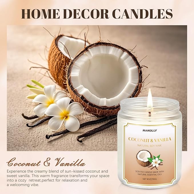 Coconut Vanilla Candle, 9 oz Scented Candles for Home Soy Candle Wax, Long Lasting Aromatherapy Candle Gift for Women Men, Birthday Christmas Gifts, Perfect for Creating a Warm Ambiance