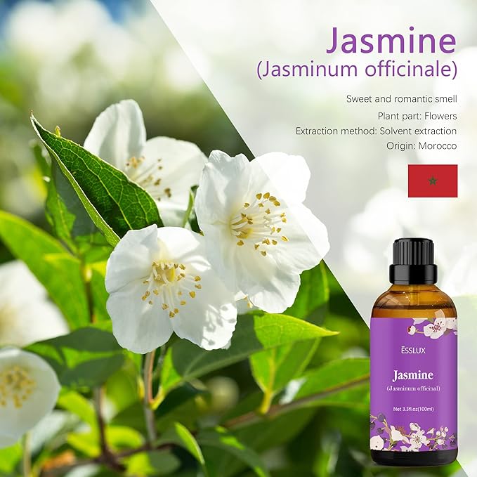 Jasmine Essential Oil 100ml (3.3 Fl Oz), ESSLUX Aromatherapy Essential Oils for Diffuser, Massage, Soap, Candle Making, Home Fragrance