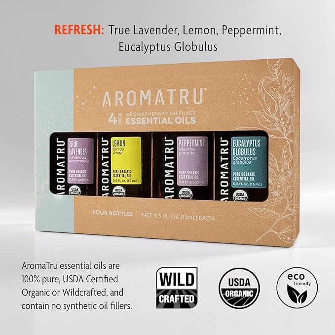 Refresh Essential Oil Kit – True Lavender, Lemon, Peppermint & Eucalyptus Globulus – Organic & Wildcrafted – ISO Certified – No Synthetic Fillers – Ethically Sourced