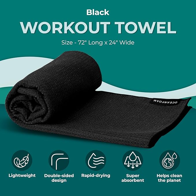 Oceanfoam Beach Towel – Lightweight, Absorbent, Quick-Drying, Sand-Resistant, Non-Slip – Ideal for Workouts, Yoga, Pilates, Beach, Pool, Boat & Travel – 25% Recycled – 72"x24" (Black)
