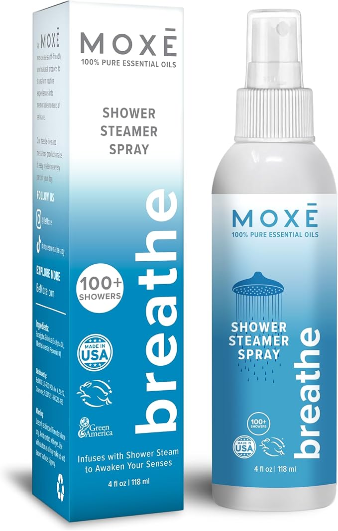 MOXE Breathe Shower Mist, Eucalyptus and Peppermint, Spa Steam Spray, Certified Natural 100% Essential Oils, Made in USA, Aromatherapy, Sinus Congestion Relief, Tension Relief, 4 Ounces (1 Pack)