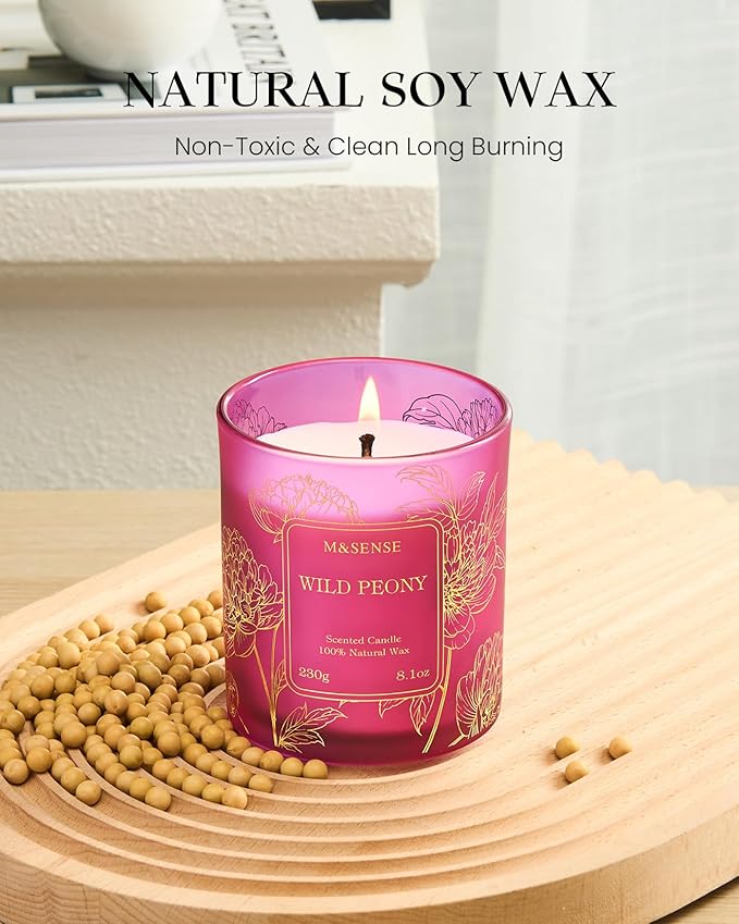 M&SENSE Wild Peony Floral Soy Candles, Vegan Subtle Scented 8.1oz 42-Hour Long Lasting, Non Toxic Candle for Bathtub Date Night Romance, Winter Home Fragrance Gifts for Her