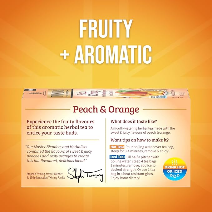 Twinings Peach & Orange Herbal Tea Individually Wrapped Bags, 20 Count (Pack of 2), Juicy & Fruity, Naturally Caffeine-Free, Enjoy Hot or Iced, 20 Teabags