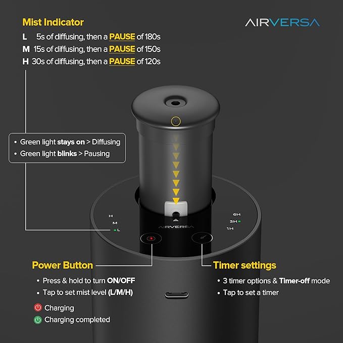 Airversa Waterless Essential Oil Diffuser for Home Aromatherapy Scent Diffusers with 3 Countdown Timer Settings or Timer-Off, 3 Mist Levels for Car Room Studio Office, ANX Premium Metal Space Grey