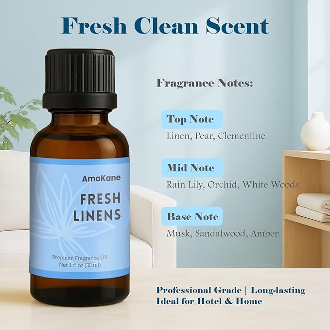 AmaKane Fresh Linens Fragrance Oil 30ml, Clean Essential Oils for Diffusers for Home, Long-Lasting Aromatherapy Oil, Fresh Scent for Candle Making Soap Laundry