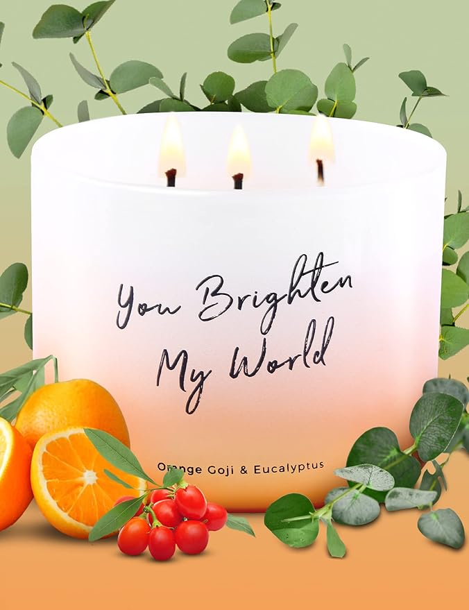 Orange Goji Berry & Eucalyptus 3-Wick Soy Scented Candle, 15.8 oz Large | Scented Candles for Home | Citrus Eucalyptus Aromatherapy Candle | “You Brighten My World” Quote
