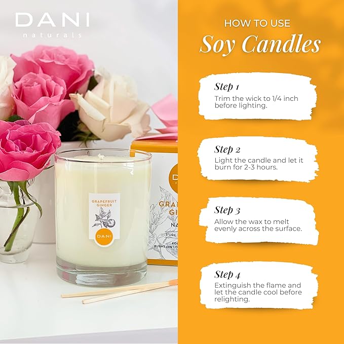 DANI Naturals Soy Candle - Grapefruit Ginger Scented, 100% Pure Soy Wax, Kosher, Non-Toxic, Long-Lasting Burn - 7.5 oz