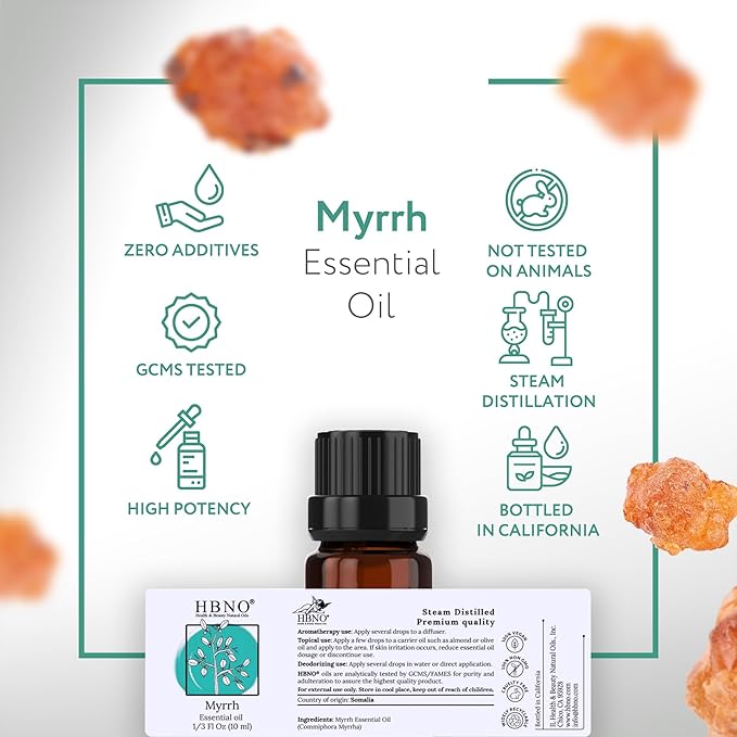 HBNO Myrrh Essential Oil - 1/3 oz (10 ml) Travel Size - Natural Myrrh Oil - Perfect for Cleaning, Aromatherapy, DIY, Soap and Diffuser - Myrrh Essential Oils