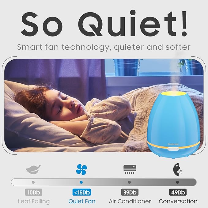 300ml Essential Oil Diffuser & Cool Mist Humidifier - Ultra-Quiet Ultrasonic Aromatherapy for Bedroom, 7 Color Night Light, BPA-Free, Auto Shut-Off, Up to 12H Continuous Mist(Blue)