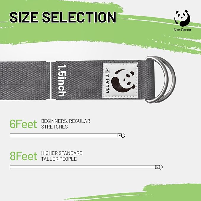 Slim Panda Yoga Strap for Stretching,Cotton Yoga Strap with Adjustable D-Ring Buckle,Non-Elastic Yoga Belt for Pilates,Gym Workouts,Physical Therapy,Improve Flexibility