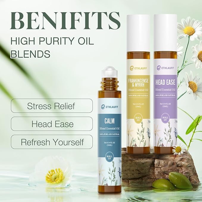 Essential Oil Roll On Set, (Calm,Renew,Dream,Head Relief), Aromatherapy Roll On Blends for Massage, Body Care & Home Use, Stress Relief Gift Men & Women