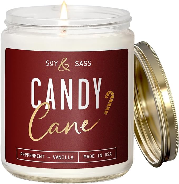 Peppermint Candle - 'Candy Cane' Christmas Candle w/Menthol, Peppermint & Vanilla - Infused with Essential Oils I Christmas Candles Scented I 9oz, 50Hr, Made in USA