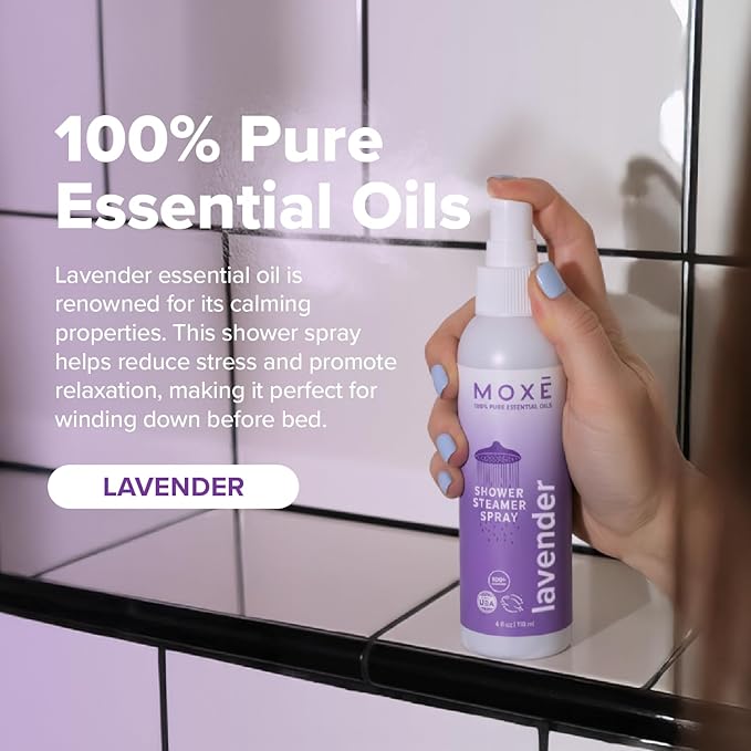MOXE Shower Mist, Spa Steam Spray, Certified Natural Essential Oils, Aromatherapy, Calming Relief (Lavander and Eucalyptus, 4 Fl Oz (Pack of 2))