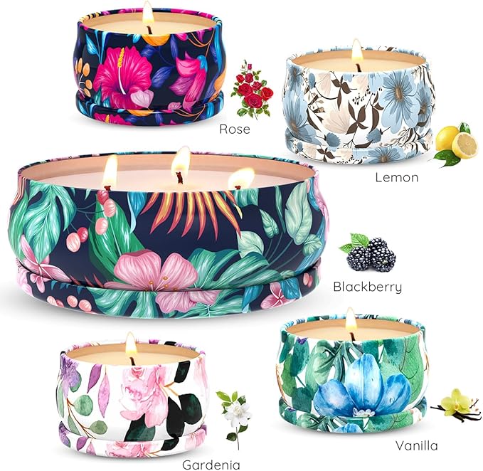 5 Set Highly Scented Candles Gift Set for Home Women, Decorative Natural Soy Wax Aromatherapy Candles for Christmas - 1pc 13.5oz BlackBerry and 4pcs 2.5oz Rose, Lemon, Vanilla and Gardenia Fragrance
