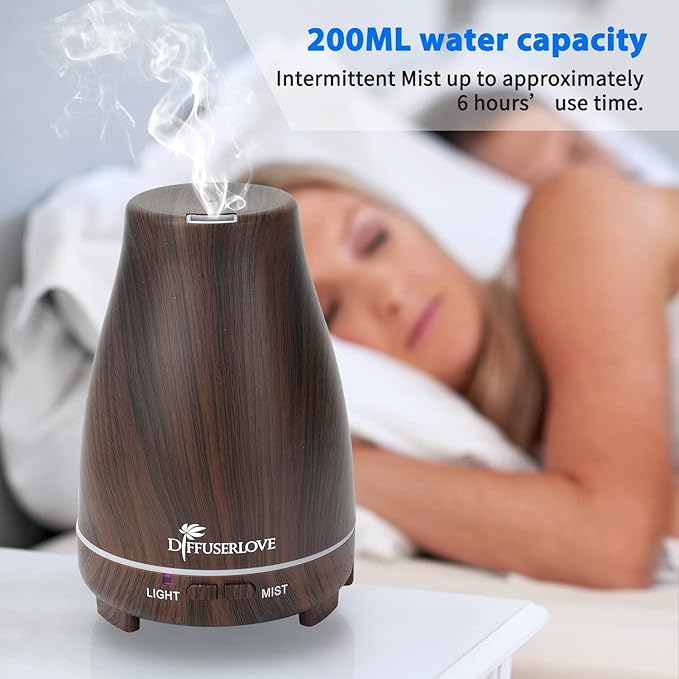 Diffuserlove Essential Oil Diffusers 200ML, Remote Control Aromatherapy Diffuser with 7 Color Lights, Auto Shut-Off for Bedroom Office Kitchen (Black Wood Grain)