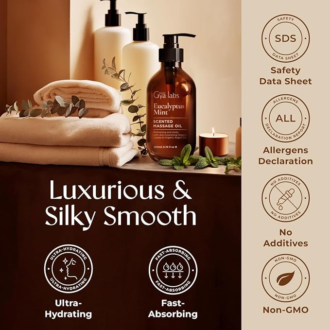 Gya Labs Eucalyptus Mint Massage Oil - 6.76 Fl Oz - Non-Greasy Formula for Sore Muscles, Deep Relaxation & All Skin Types - Suitable for Men & Women