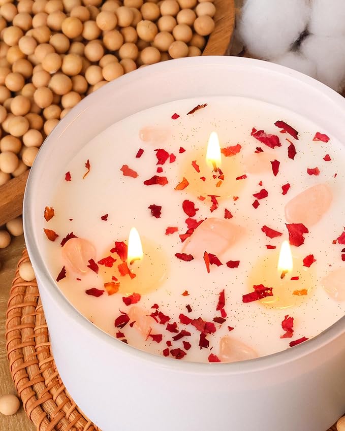 AOOVOO Rose Scented Candles for Women - 20oz 3 Wick Soy Candles for Home Scented, Aromatherapy Candle with Crystals Inside, Birthday Gifts Christmas Candle for Women Mom