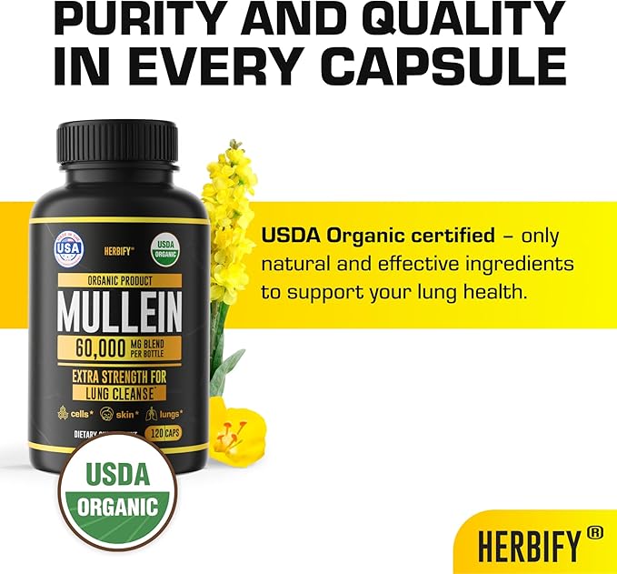 HERBIFY Mullein Capsules - Lung Cleanse - Leaf Extract - Powerful Mullein for Immune Support, Detox & Respiratory Support - Made in USA - Herbal Supplements - 120 Capsules