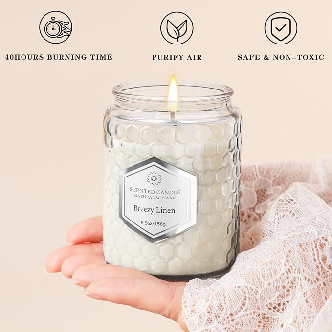 6 Pack Scented Candles for Home, Aromatherapy Gift Set for Women, Natural Soy Wax Jar, 33 oz 240 Hour Long Lasting, Birthday and Valentine's Day Gift, Flax Gray