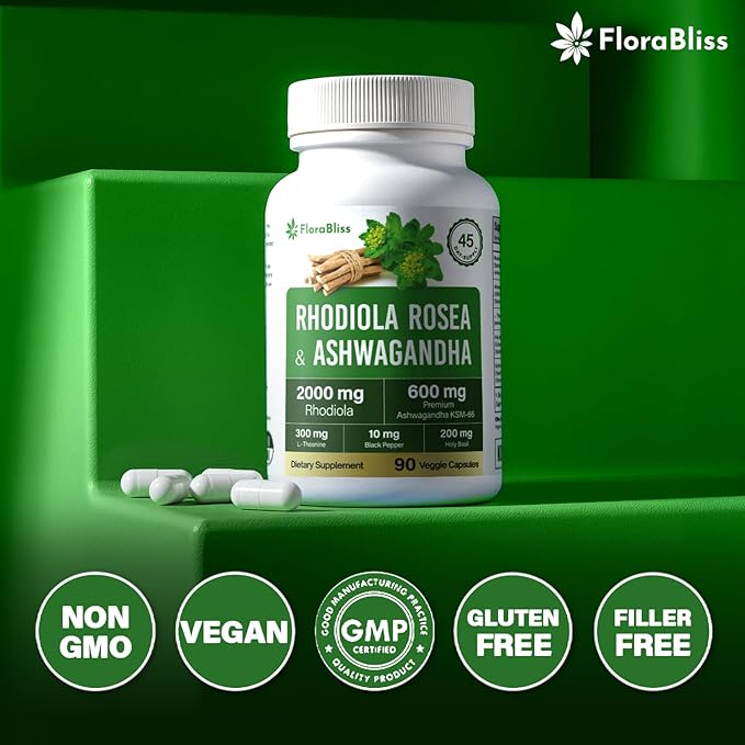 FloraBliss Rhodiola Rosea 2000mg with Ashwagandha KSM-66, L-Theanine, Holy Basil & BioPerine - 120 High Potency Vegan Capsules - Herbal Adaptogen for Energy & Wellness - No Artificial Additives