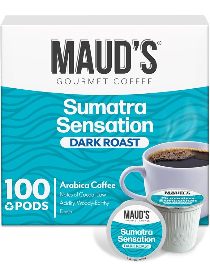 Maud's Sumatra Coffee Pods, 100 ct, Dark Roast Coffee in Recyclable Single Serve Pods – 100% Arabica Coffee, Compatible with Keurig K Cups Maker