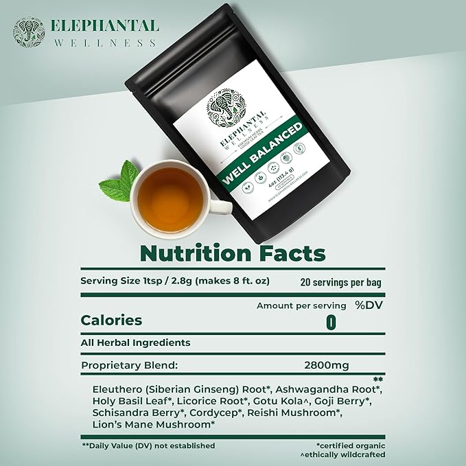 Elephantal Wellness Premium Well Balanced Herbal Tea | Healthy Cortisol, Adaptogenic Stress Energy Support with Ashwagandha, Goji, Reishi, Holy Basil & Lion’s Mane, Caffeine-Free, Non-GMO, 4 oz
