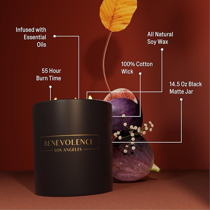Benevolence LA 3 Wick Candle, Fig Tree Large Christmas Scented Candles | Soy Candles | Holiday Candle Gifts for Women and Men | Home Fragrance | Aromatherapy | Bathroom Freshener 14.5 Oz, 45 Hour Burn