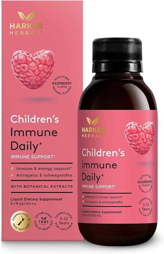 Children's Immune Daily Syrup, Herbal Health & Energy Support with Astragalus, Codonopsis, Ashwagandha & Licorice Root, Sweet Raspberry Flavor, Plant-Based - 5.1 Fl oz (30 Servings)