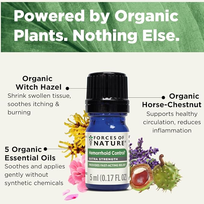 Forces of Nature Hemorrhoid Control Extra Strength, Organic Homeopathic Medicine with Witch Hazel, Horse Chestnut, and Soothing Essential Oils for Itching, Swelling & Discomfort, 5ml (0.17 fl oz)
