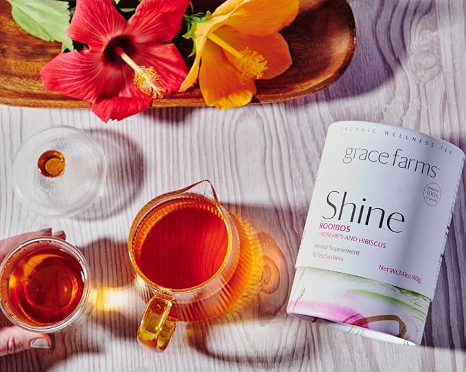 Shine Wellness Organic Tea Blend (100 Enveloped Pyramid Sachets w/String & Tag) | Rooibos, Rosehips, Hibiscus, Tulsi, Haritaki | Fairtrade and Kosher | Gives Back 100% of Profits