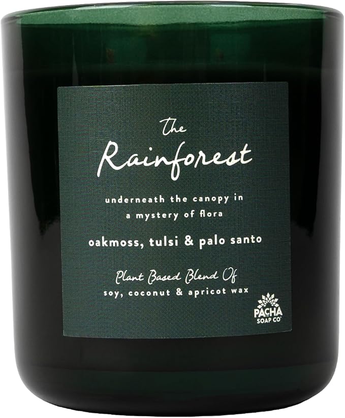 Pacha Soap Co. Rainforest Candle - Oakmoss, Tulsi and Palo Santo Scented, Soy, Coconut & Apricot Wax Blend, Cotton Wick, 60+ Hour Burn Time, Long-Lasting, Recyclable, Paraffin-Free, Made in USA, 12 oz