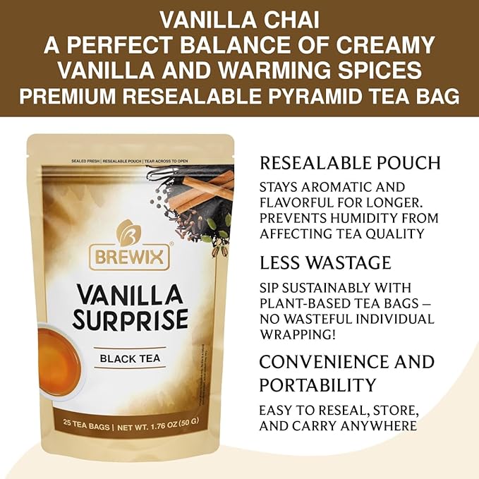 BREWIX, Vanilla Spiced Chai Tea (25 Pyramid Tea Bags) | High Caffeine, Gluten Free | Blend Of Vanilla & Masala Chai Tea | Black Tea with Cinnamon, Black Pepper, Cardamom and Clove | Energy & Focus Tea