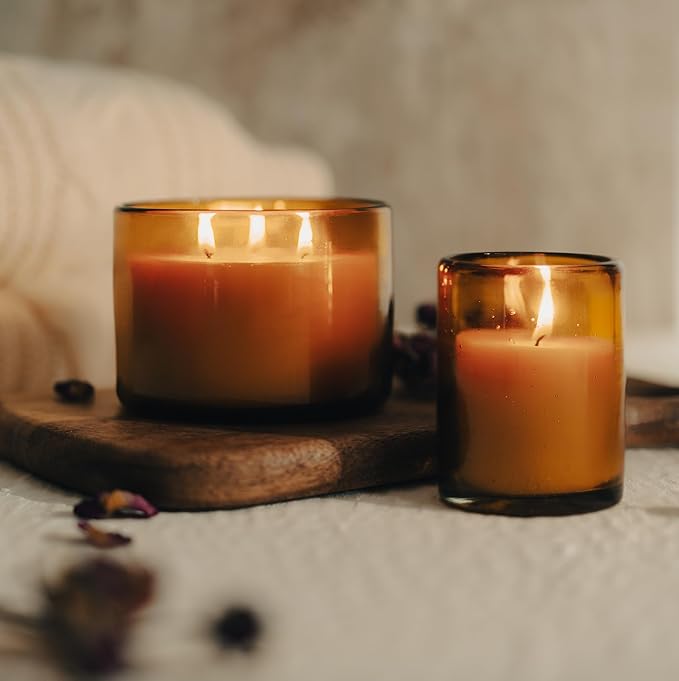 Bluecorn Beeswax Large 3-Wick Candle, 100% Pure Beeswax with Cedarwood, Nutmeg & Lavender Essential Oils, Amber Glass, Soy Free, Clean Burning Candle Wax, Long Lasting, Home Decor, 8 Oz, 1 Count