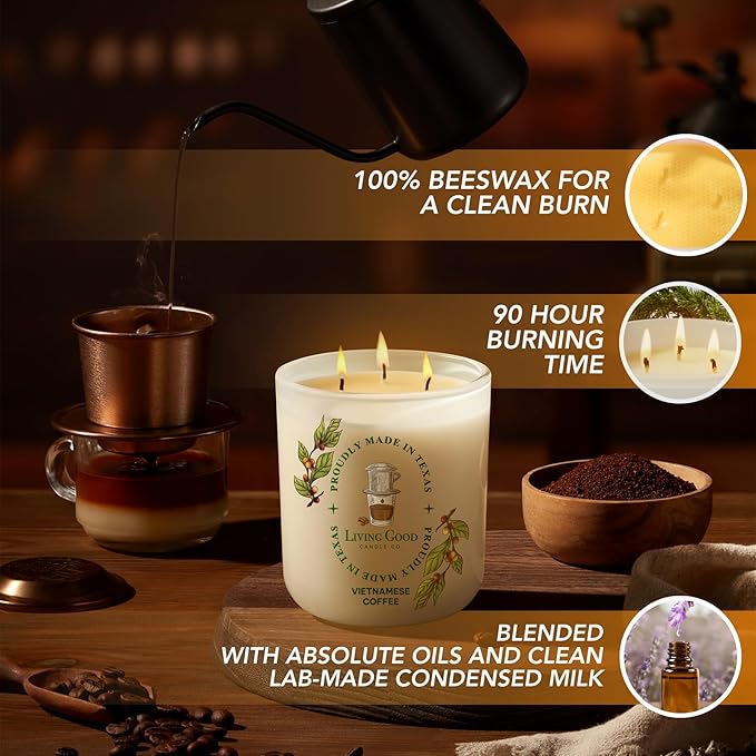 Fresh Robusta Coffee – Pure Beeswax Candle for Men and Women – Non-Toxic Scented Candle for Focus, Clarity & Mood Boosting – 90+ Hour Long Burn – Inspired by Vietnamese Coffee