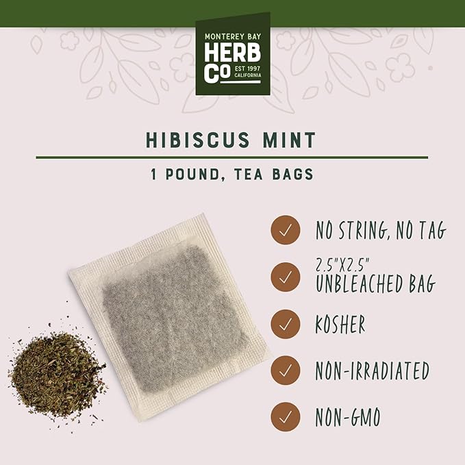 Hibiscus Mint Herbal Tea, by Herb Co, Caffeine-Free, Loose Tea in Unbleached, Refreshing Berry & Mint Flavor, Rich in Vitamin C, Approximately 200 Tea Bags, 1 lb