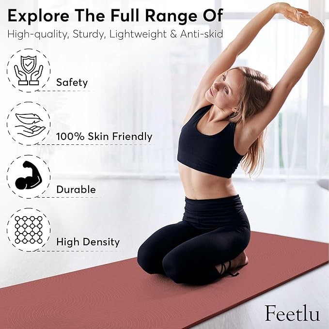 Feetlu Extra Thick 12mm Exercise Mat – Non-Slip, Joint-Friendly & Cushioned Fitness Mat for Yoga, Pilates & Floor Workouts – Durable, Supportive & Includes Feetlu Classic Strap