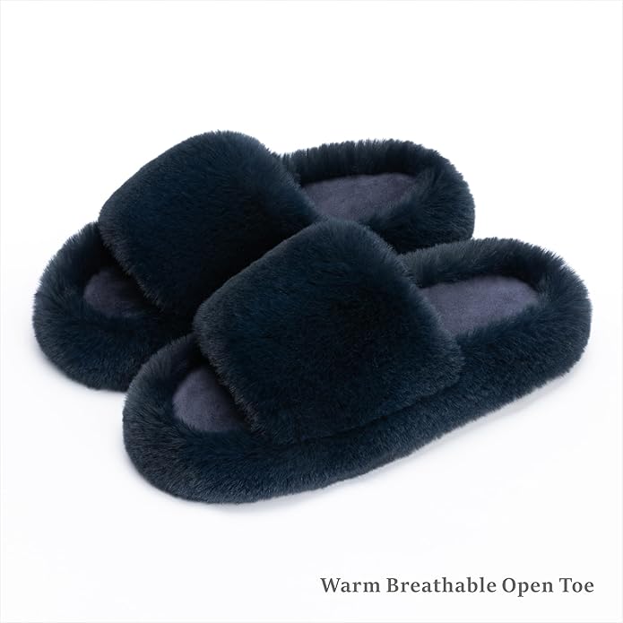 Chantomoo Women's Blue Memory Foam Faux Fur Lined Open Toe Slippers for Women - US 12