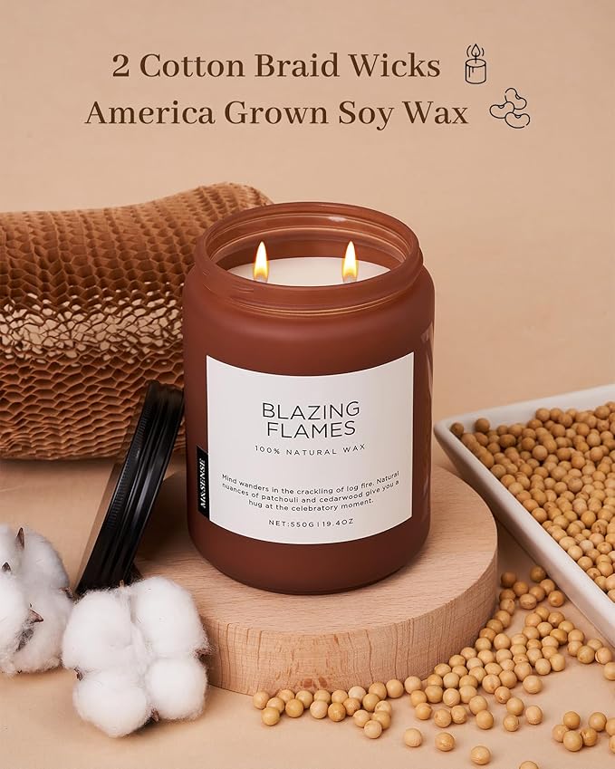 M&SENSE Blazing Flames Scented Candles with Log Fire - Patchouli & Cedarwood, Large Natural Soy 19.4oz 110 Hour Long Lasting Non Toxic Clean Burn Candle Gifts for Men Women
