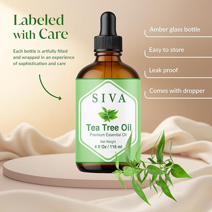Siva Tea Tree Essential Oil - 4 Fl Oz – 100% Natural Tea Tree Oil - for Diffuser, Face, Skin Care, Aromatherapy, Hair Care, Scalp and Body Massage - with Dropper