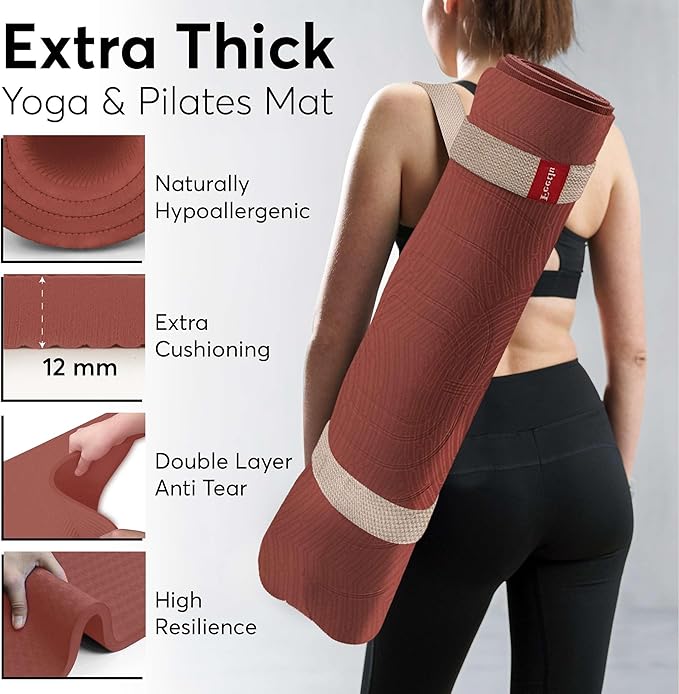 Feetlu Extra Thick 12mm Exercise Mat – Non-Slip, Joint-Friendly & Cushioned Fitness Mat for Yoga, Pilates & Floor Workouts – Durable, Supportive & Includes Feetlu Classic Strap