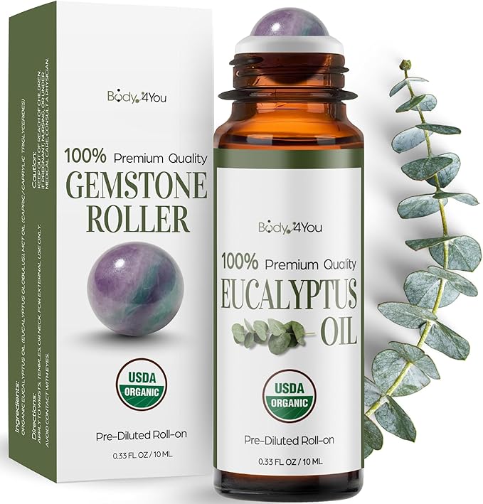 BodyJ4You Eucalyptus Essential Oil Roll On - Pure 100% USDA Organic MCT Coconut Oil - Natural Fluorite Stone Roller - Breath Support Cooling Temple Chest Wrist - Amber Glass Bottle Rollerball (10ml)