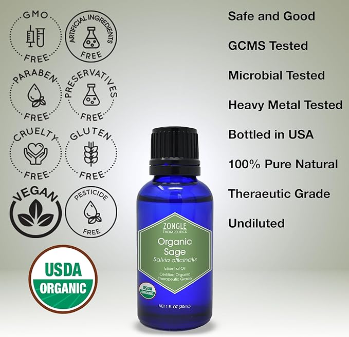 Organic, Sage Essential Oil – 100% Pure, Sage Oil, by Zongle Therapeutics, 1 OZ